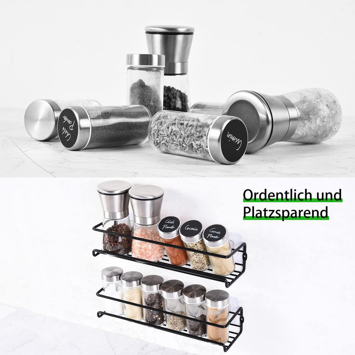 2-teiliges Gewürzregal ohne Bohren mit 12 Gewürzgläsern - Edelstahl - 29x8x6cm