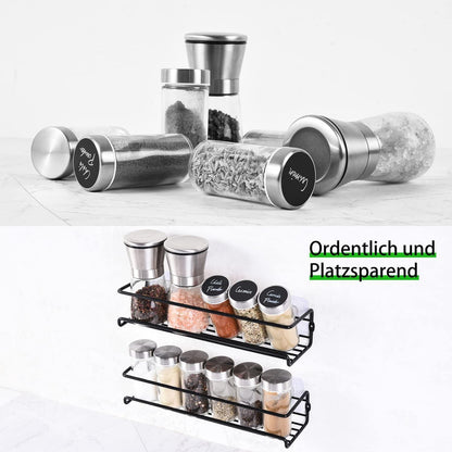 2-teiliges Gewürzregal ohne Bohren mit 12 Gewürzgläsern - Edelstahl - 29x8x6cm