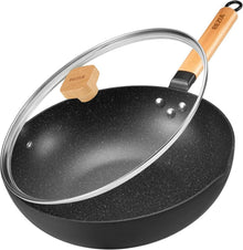 30 cm Induktions Wok Pfanne mit Deckel und Holzgriff