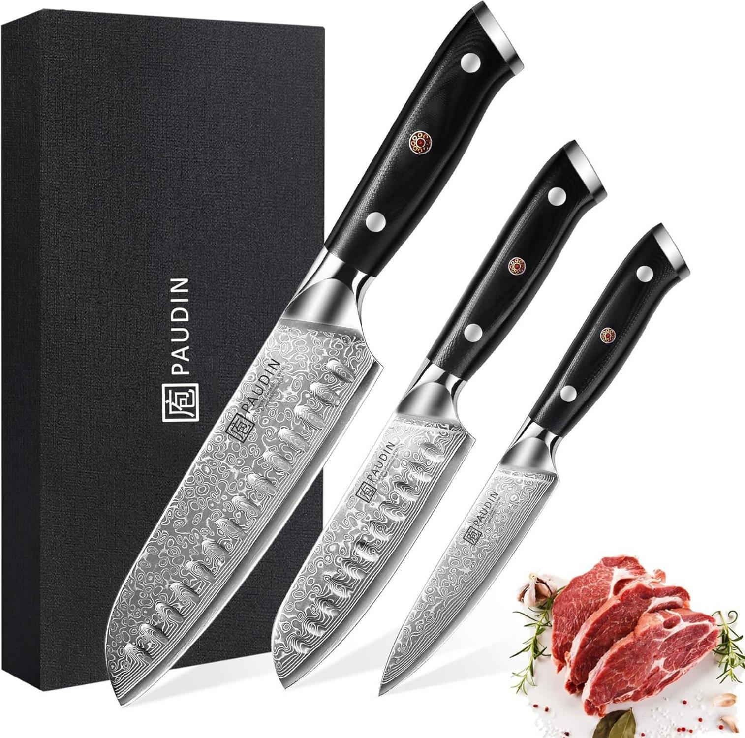Damastmesser Set 3-teilig Japanischer VG10 Stahl Santokumesser