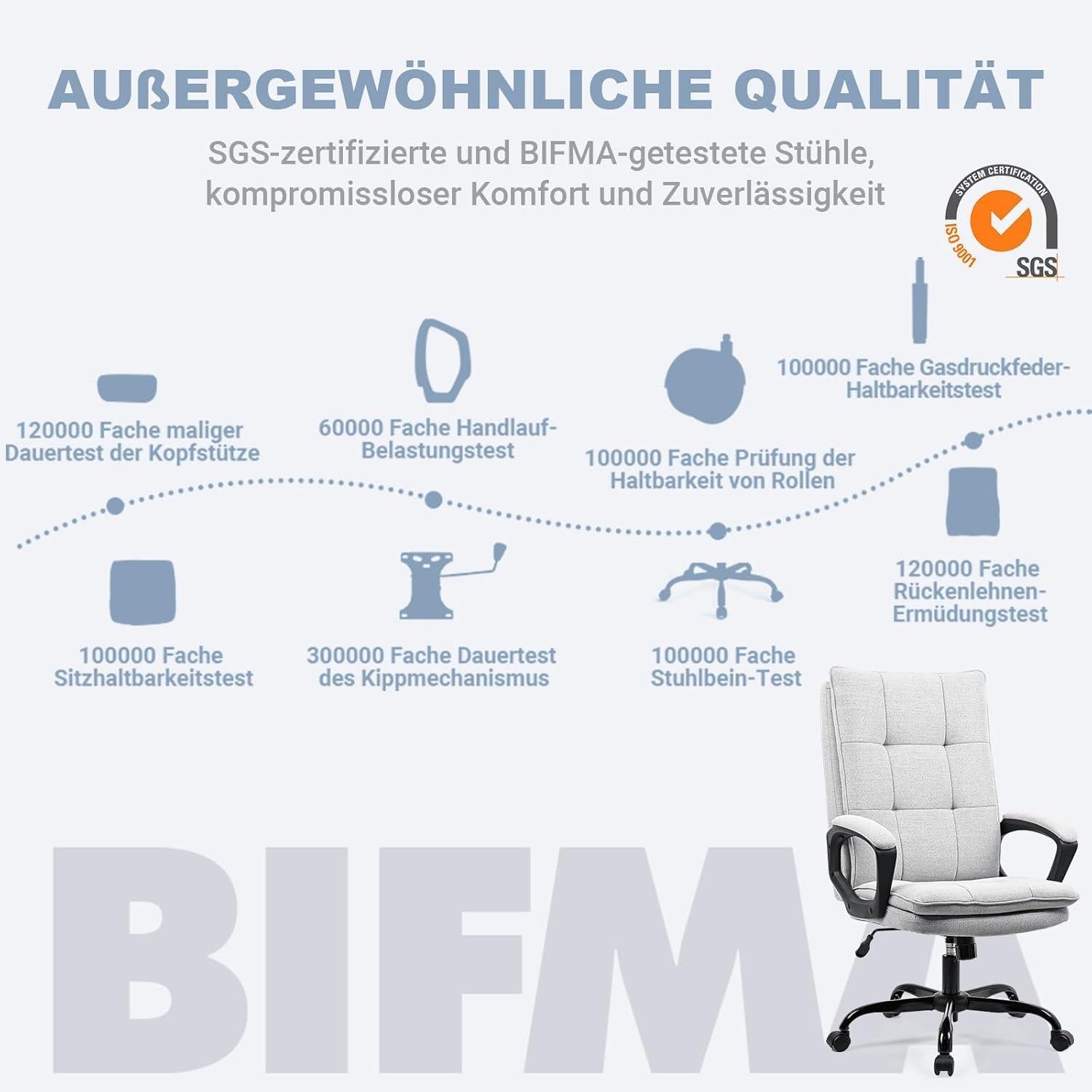 Ergonomisch Bürostuhl Chefsessel 150 kg Stoff Grau Wippfunktion