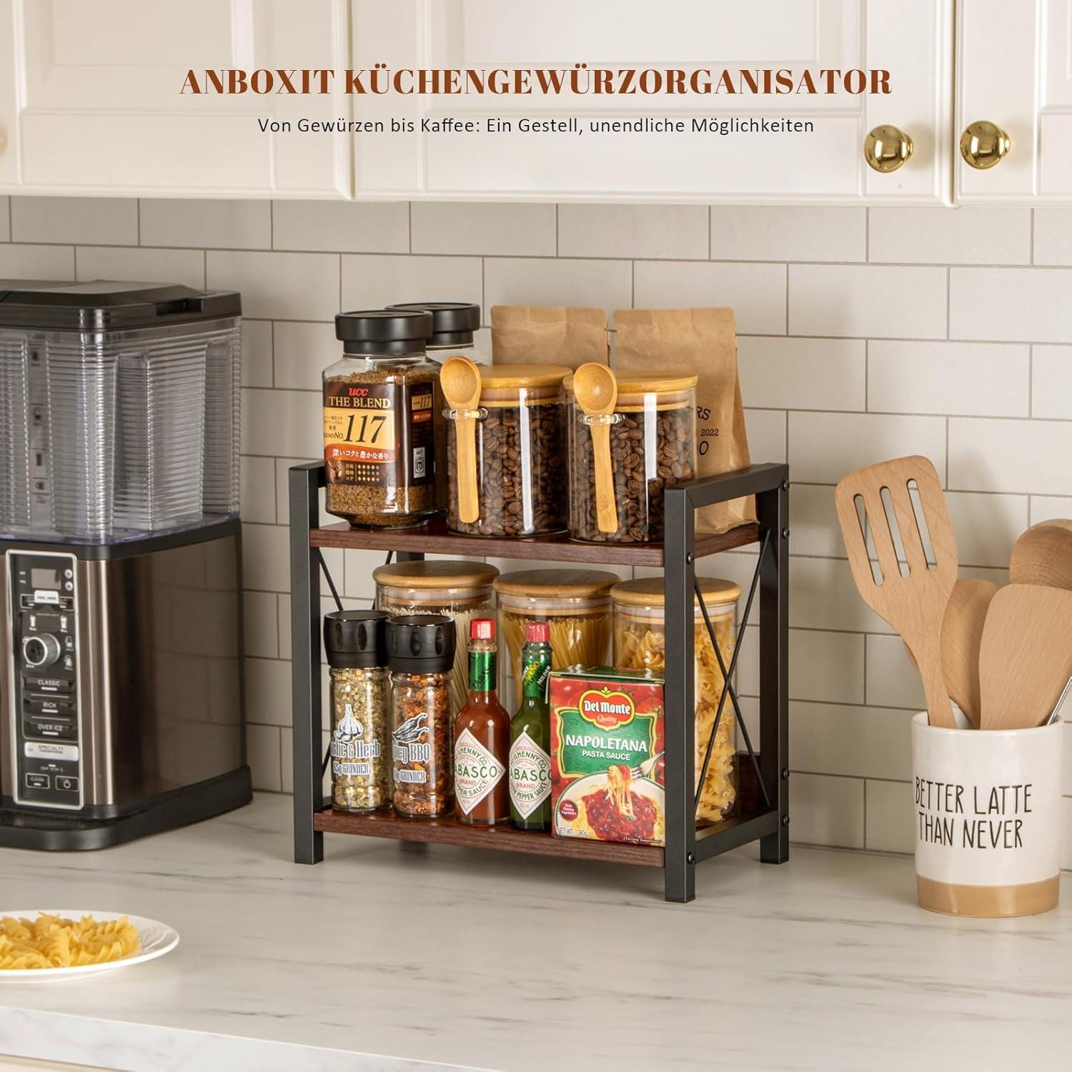 ANBOXIT Gewürzregal Holz 2 Tier Küchenregal Organizer