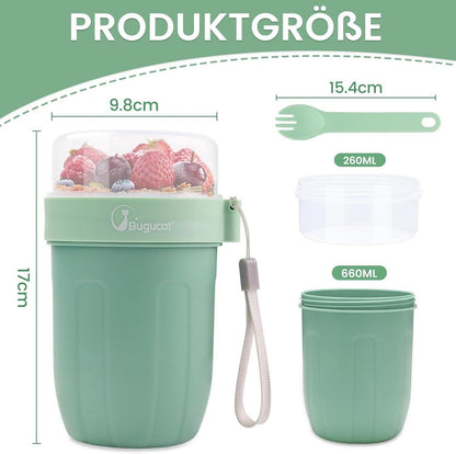 Bugucat Müslibecher to Go 660ML+260ML grün Löffel Aufkleber