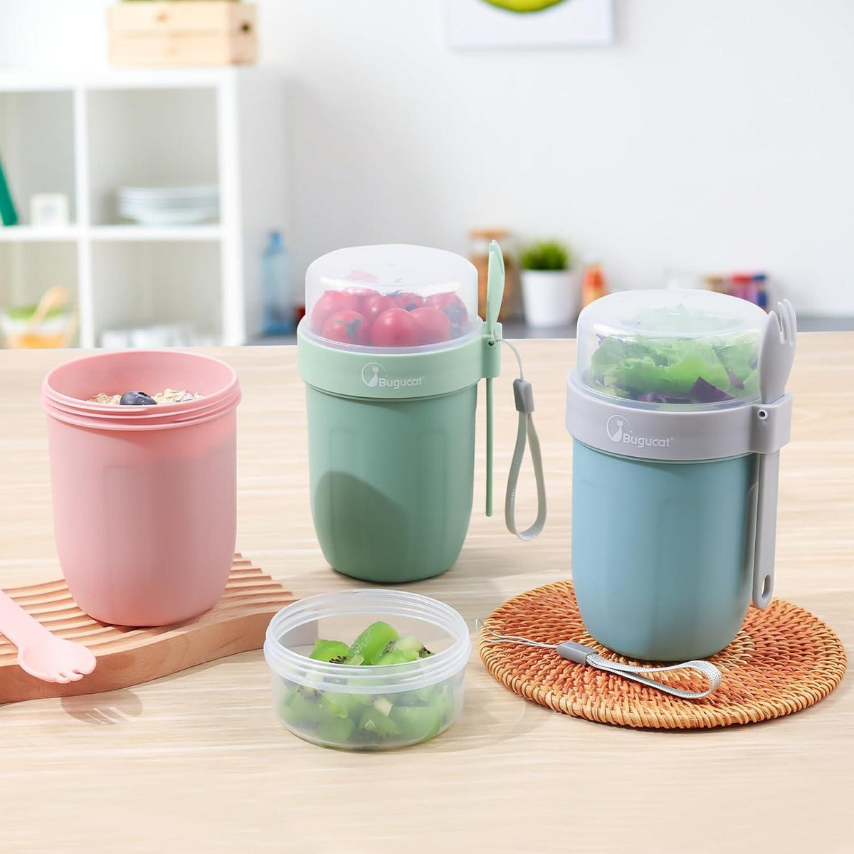 Bugucat Müslibecher to Go 2in1 Joghurtbecher Müsli Cup to Go Blau+Grün