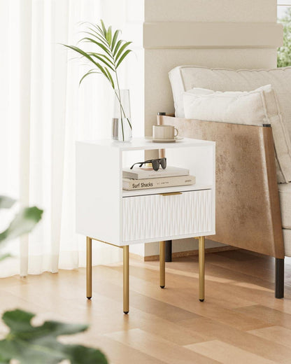 Nachttisch mit offener Ablage & Schublade, Modern, Weiß/Gold