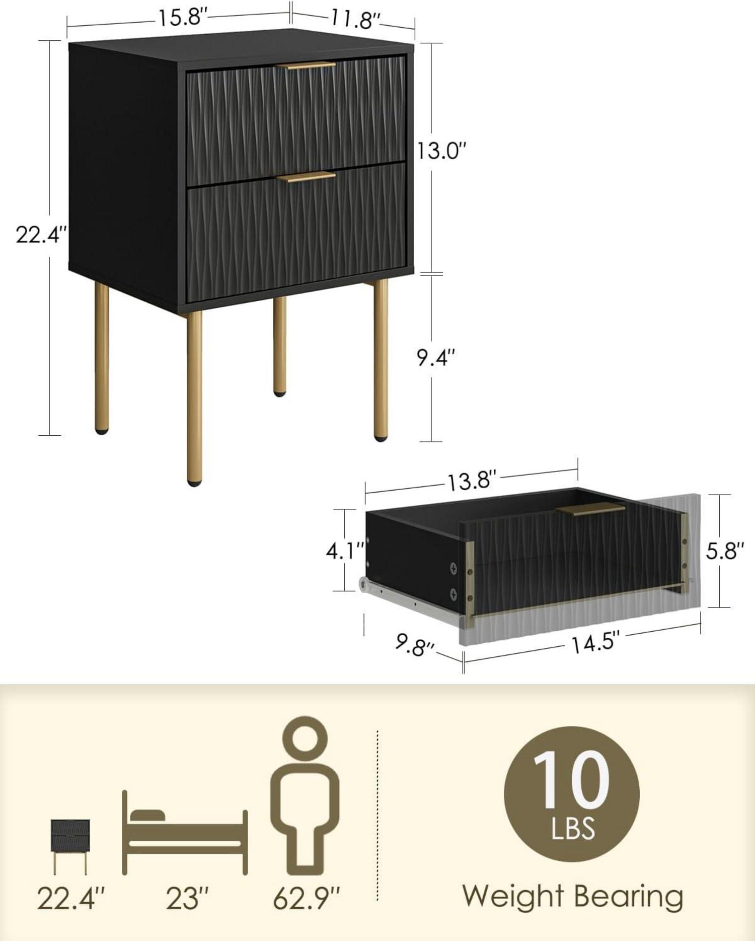 Nachttisch Schwarz Gold 2 Schubladen Modern Nachtkommode