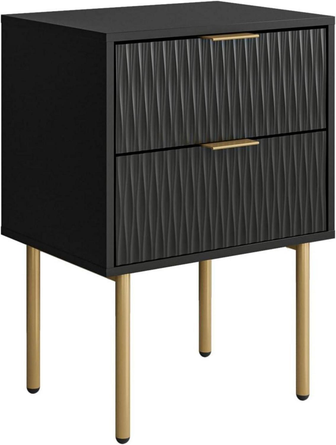 Nachttisch mit 2 Schubladen, Modernes Nachtkästchen, Schwarz und Gold