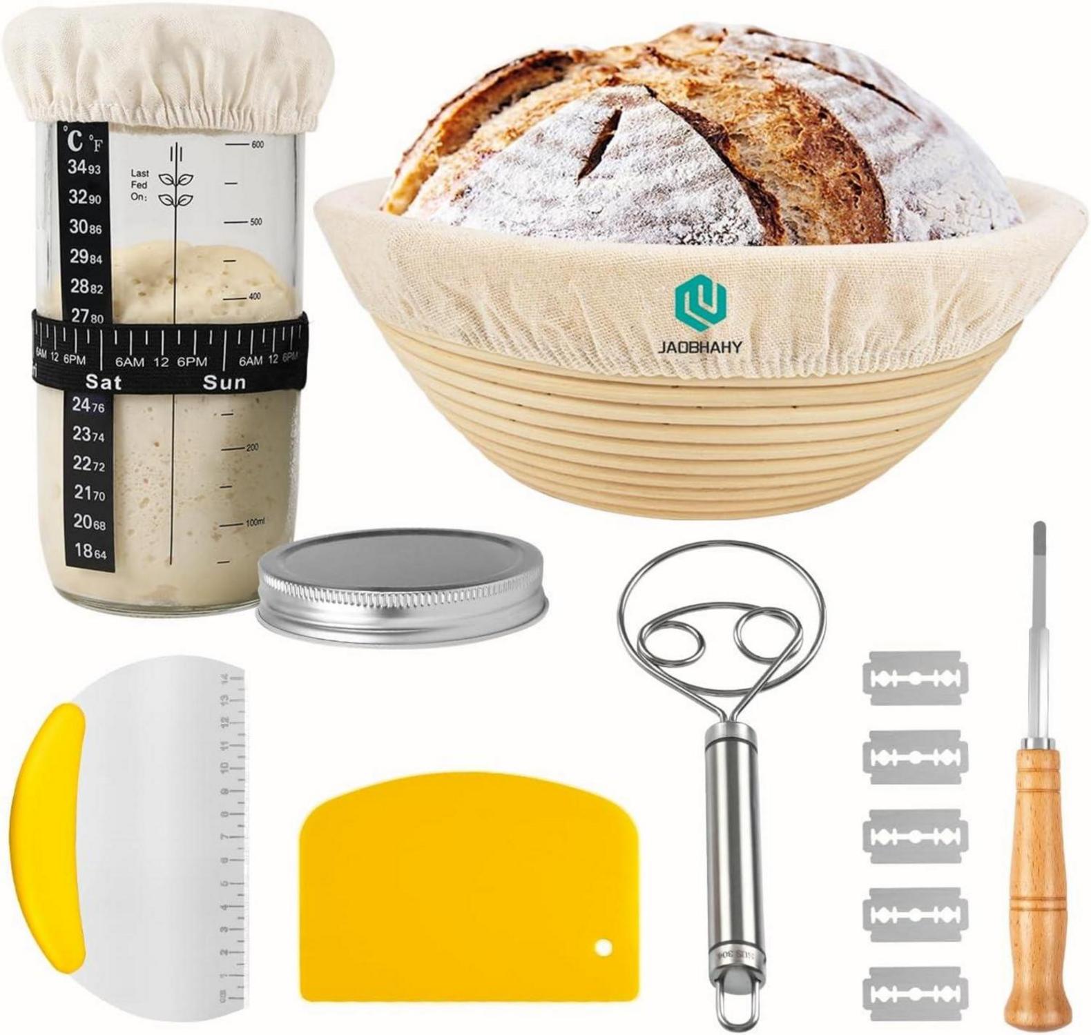 23cm Rund Gärkorb & 650ml Sauerteig Starter Set mit Zubehör
