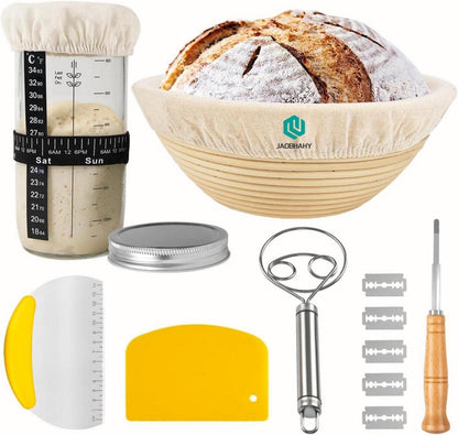 23cm Rund Gärkorb & 650ml Sauerteig Starter Set mit Zubehör