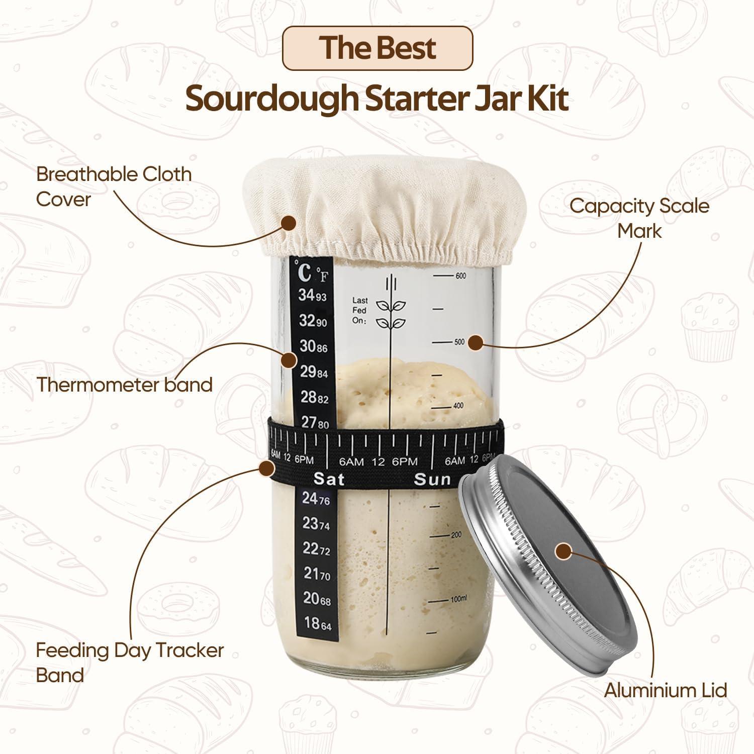 23cm Rund Gärkorb & 650ml Sauerteig Starter Set mit Zubehör
