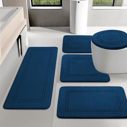 5-teiliges Badezimmerteppich-Set Navy Blau, Rutschfest & Waschbar