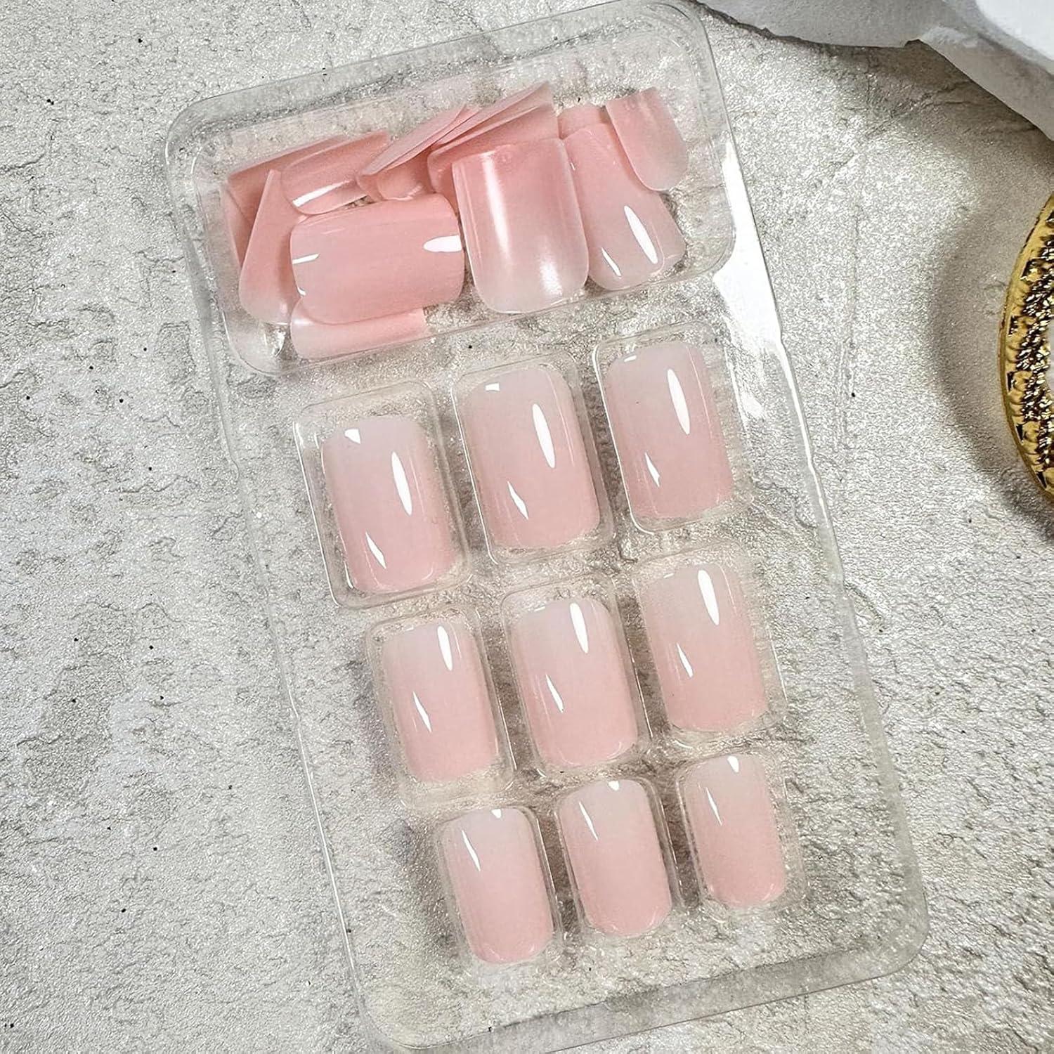 24Pcs French Press on Nägel Acrylic Kunstnägel Kurz Eckig Nude