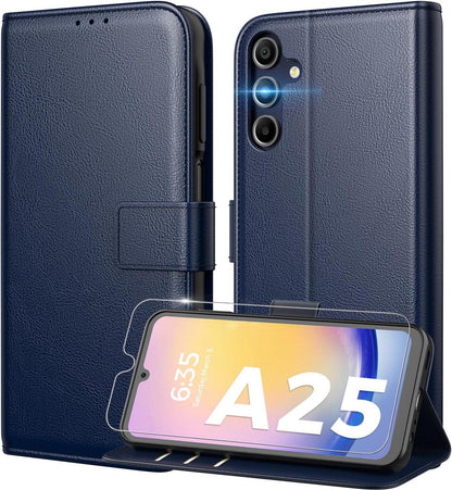 Handyhülle Samsung Galaxy A25 5G RFID Schutz Glas PU Leder Blau