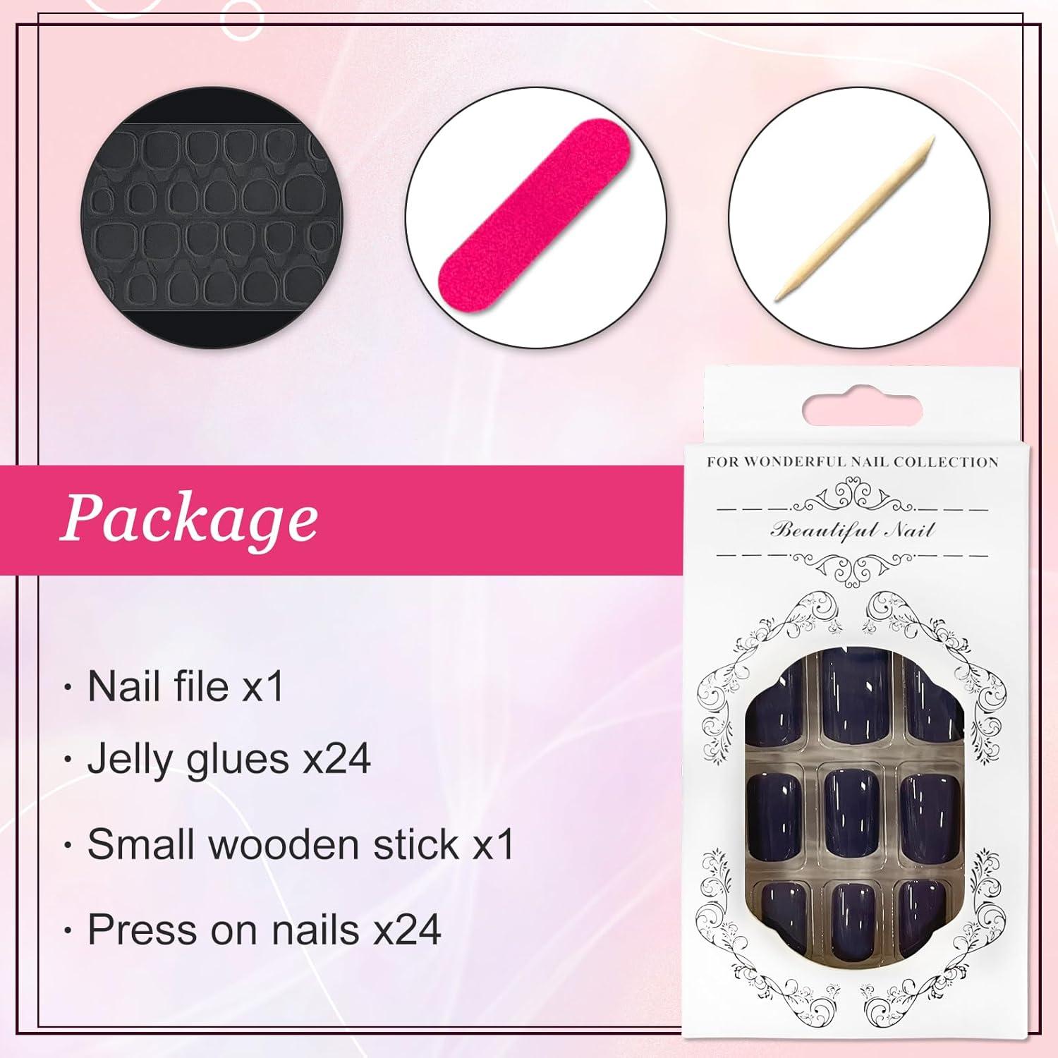 24Pcs Eckig Nägel Kurz Marineblau Acryl Künstliche Nägel Vollcover Fake Nägel