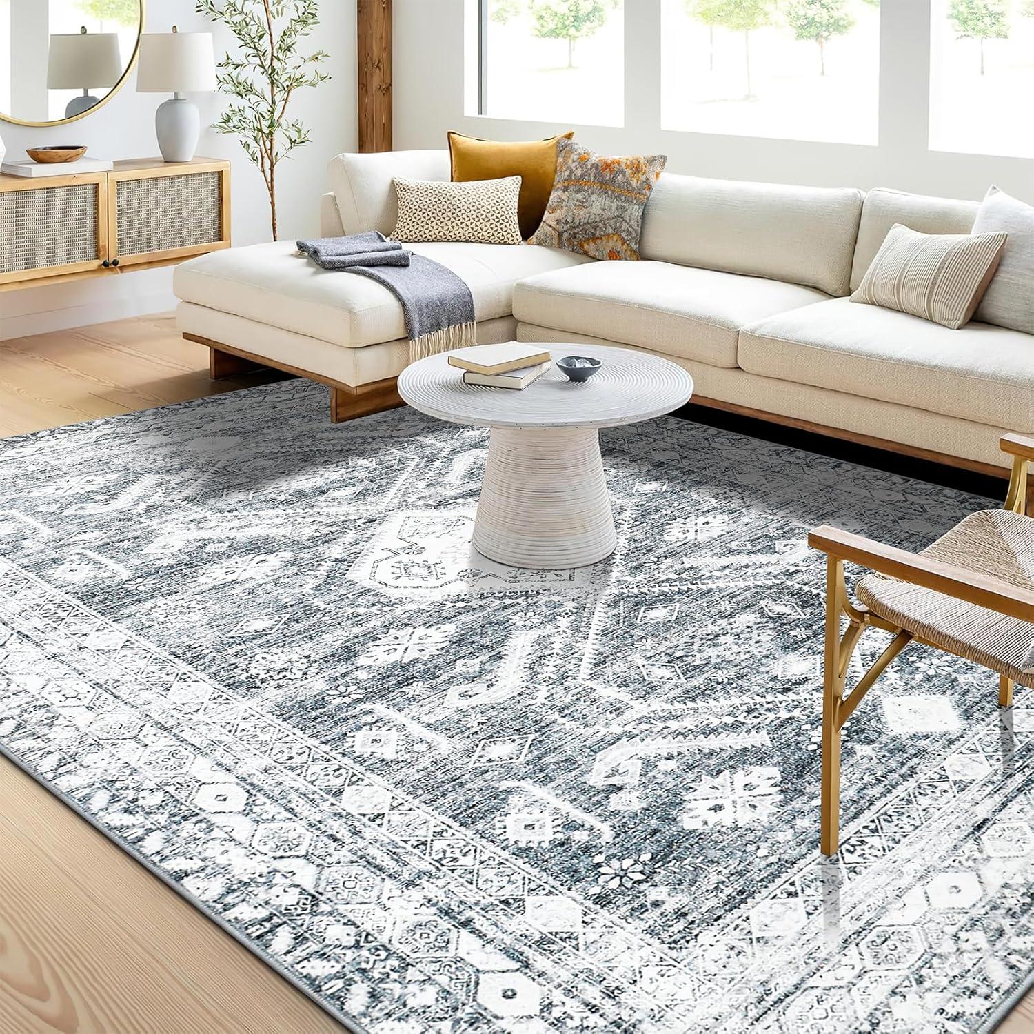 Vintage Kurzflor Teppich 160x230 cm Grau rutschfest waschbar