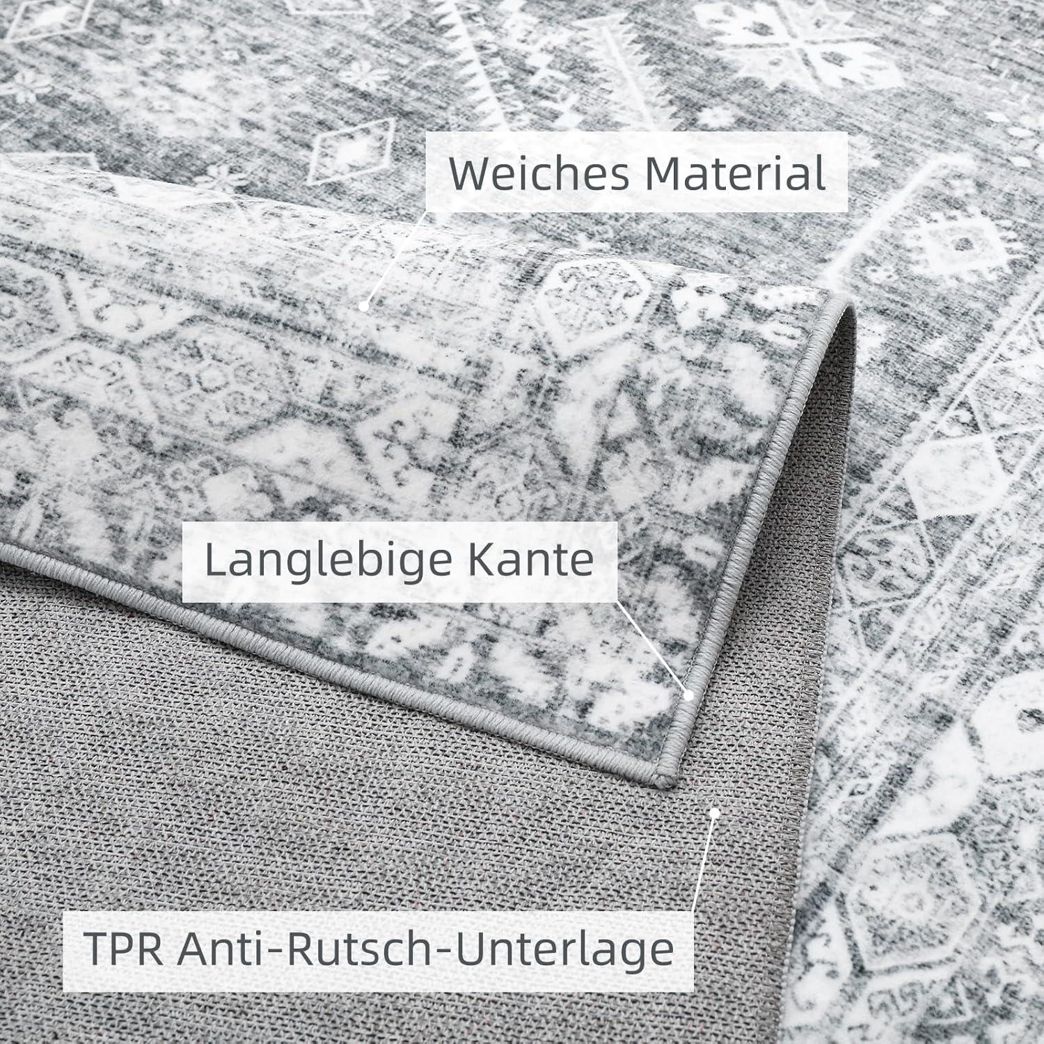 Vintage Kurzflor Teppich 160x230 cm Grau rutschfest waschbar