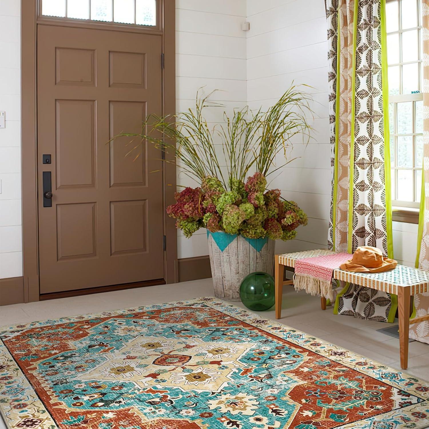 Vintage Orientalischer Teppich Kurzflor 160x230cm Orange Blau waschbar
