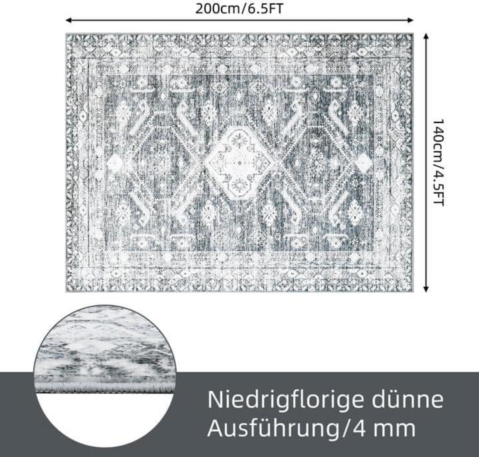Vintage Teppich Wohnzimmer 140x200 cm Grau Kurzflor