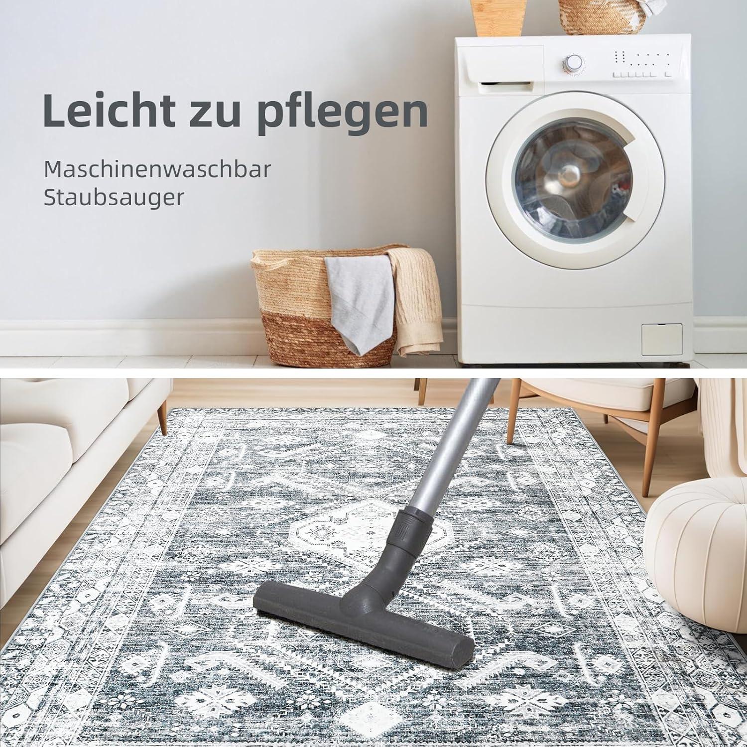 Teppich Vintage Kurzflor 140x200cm Groß Rutschfest Waschbar Grau