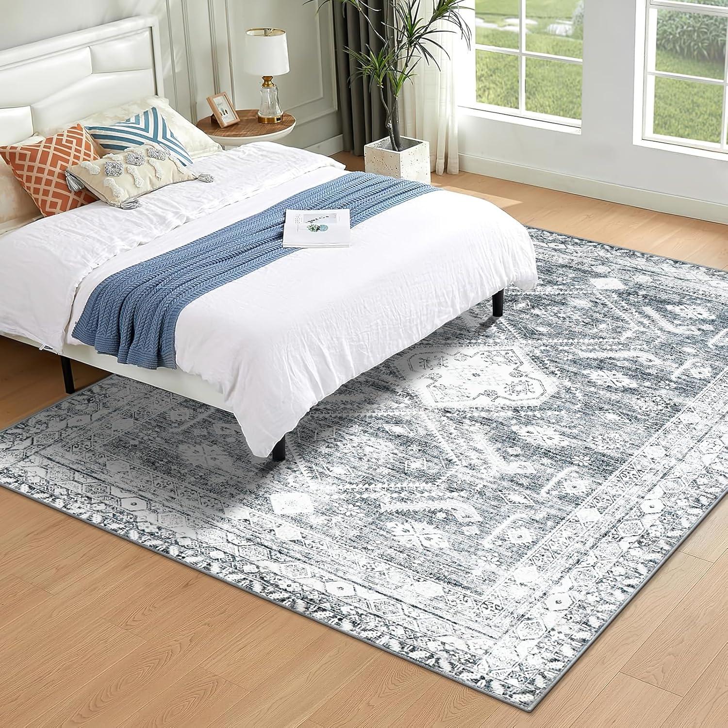 Teppich Vintage Kurzflor Rutschfest Grau 140 x 200cm waschbar