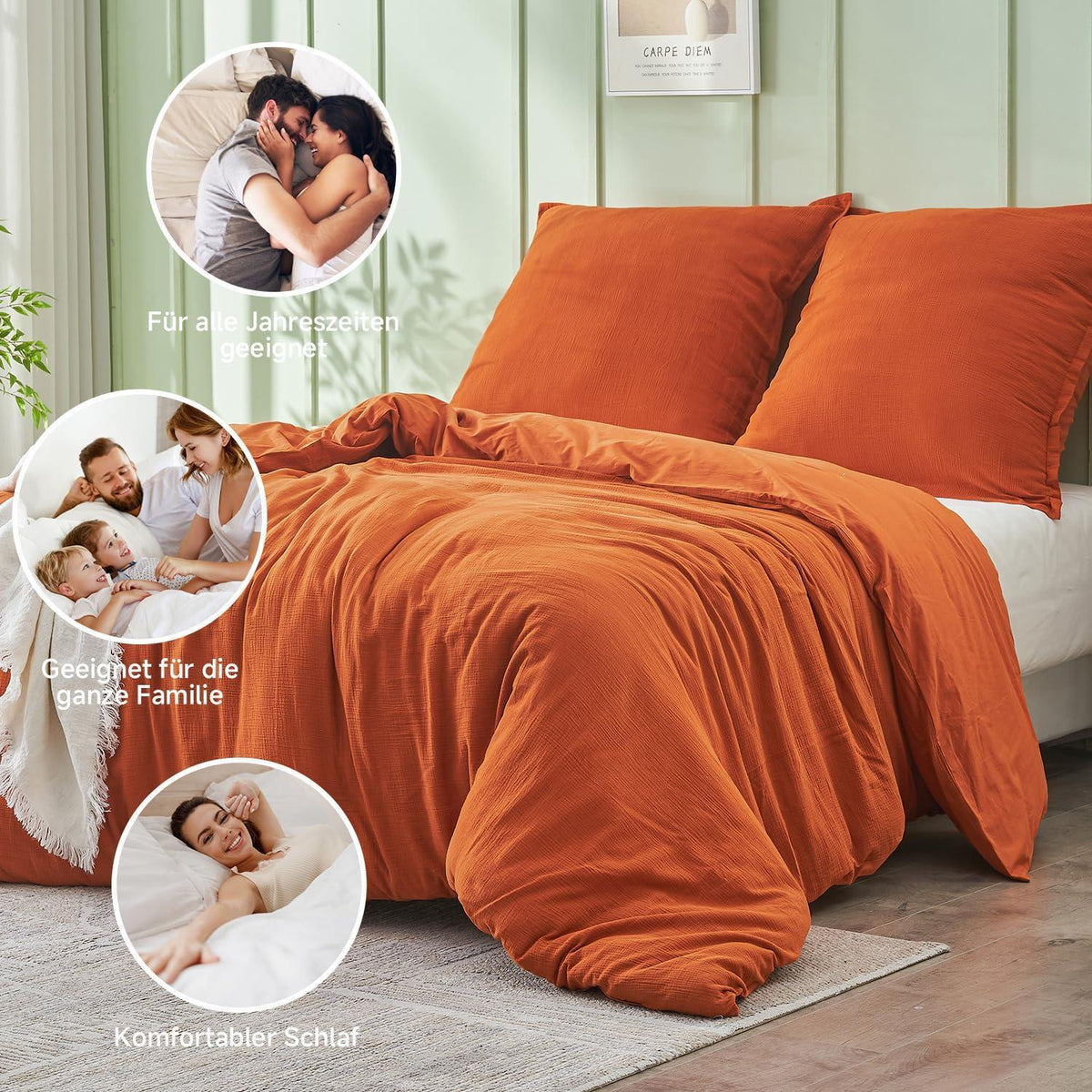 Musselin Bettwäsche Set 200x200 cm, Atmungsaktiv & Weich, Orange Gebrannt
