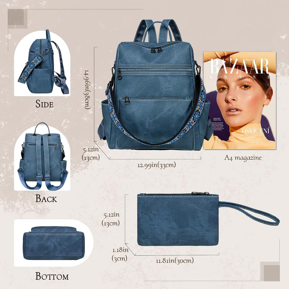 Frauen Rucksack Wasserdicht Anti-Diebstahl Leicht PU Blau