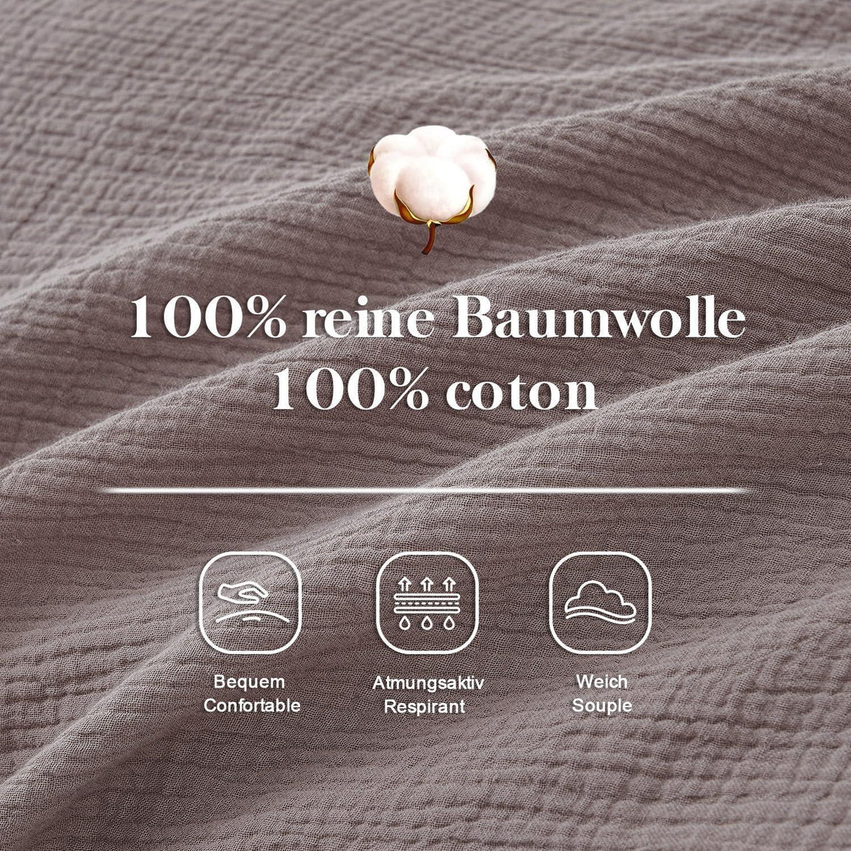 Musselin Bettwäsche Set 220x240 cm, Kaffee Grau