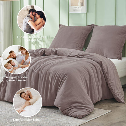Musselin Bettwäsche Set 220x240 cm, Kaffee Grau