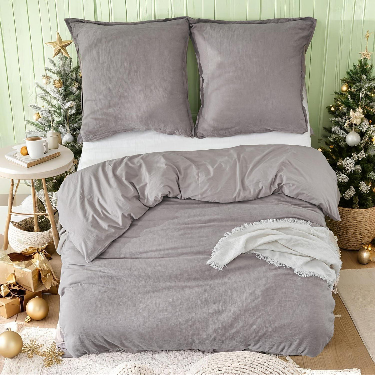Musselin Bettwäsche Set 200x200 cm, Kaffee Grau