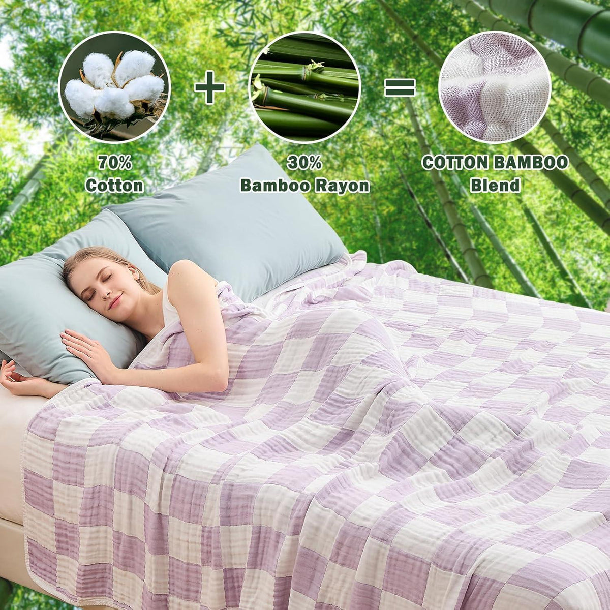 Musselin Decke Kariert Baumwolle Bambus Lavendel 200x230cm