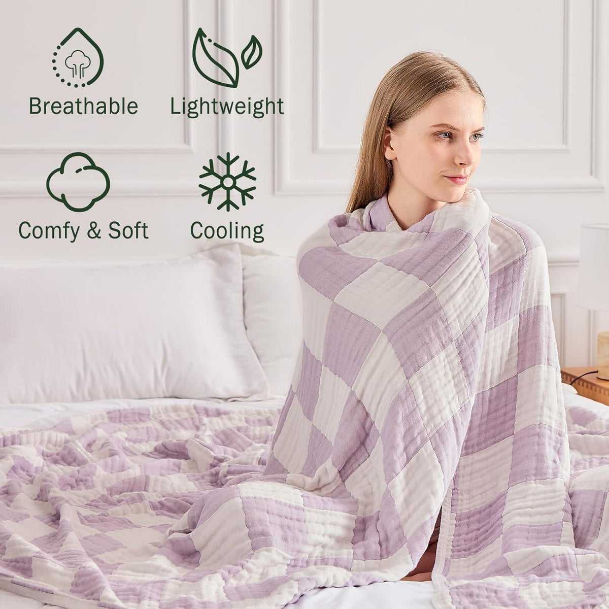 Musselin Decke Kariert Baumwolle Bambus Lavendel 200x230cm