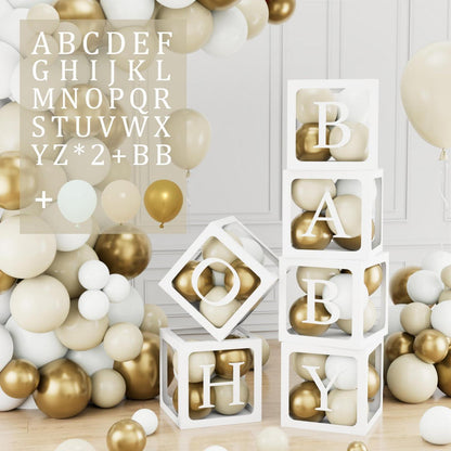 Babyparty Deko Set: 6 Ballonboxen, Buchstaben & 45 Ballons