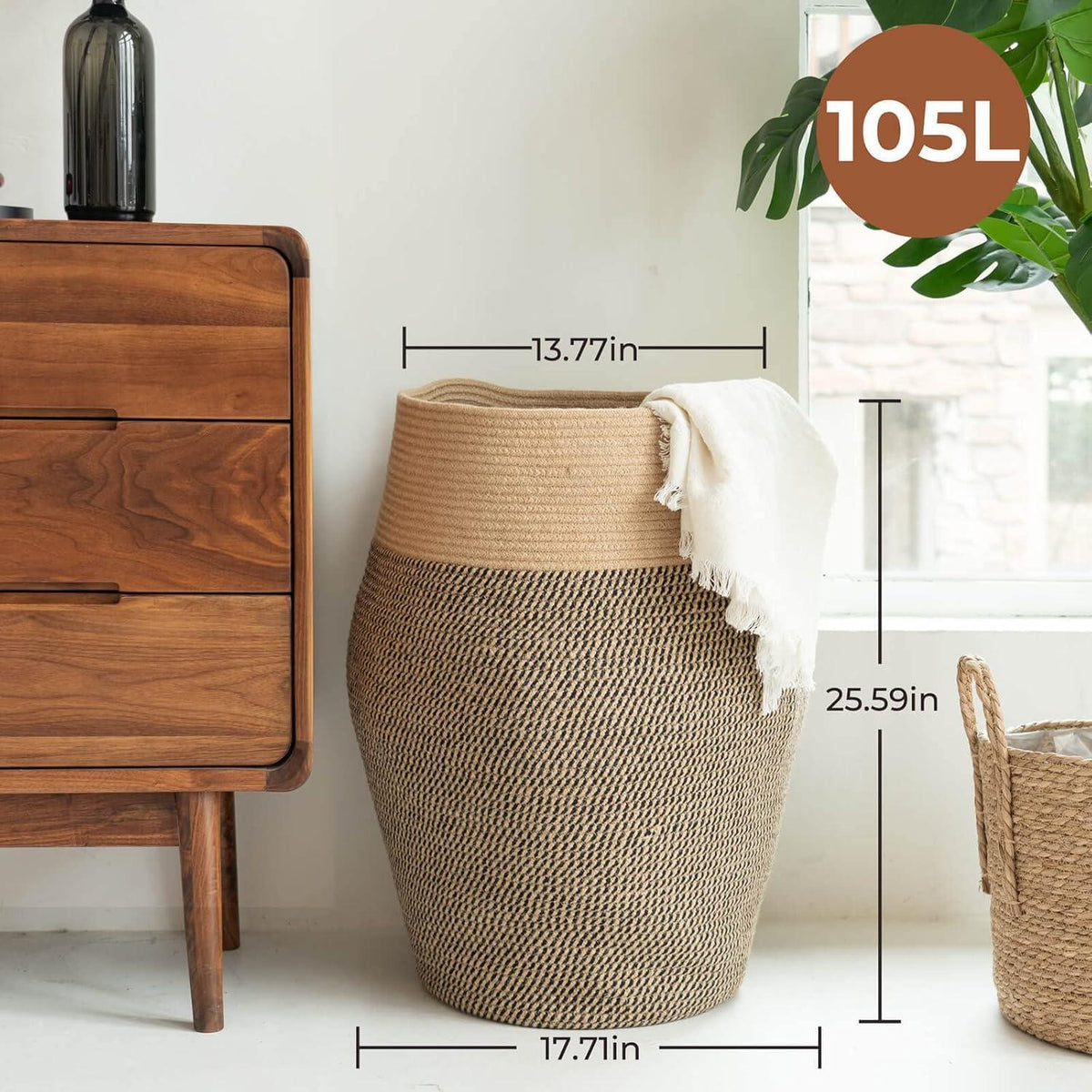 Großer Wäschekorb geflochten – Schwarz & Jute, 65cm hoch