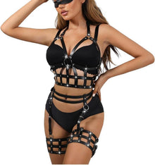 Damen PU-Leder Harness Set BDSM Bondage Gothic Dessous