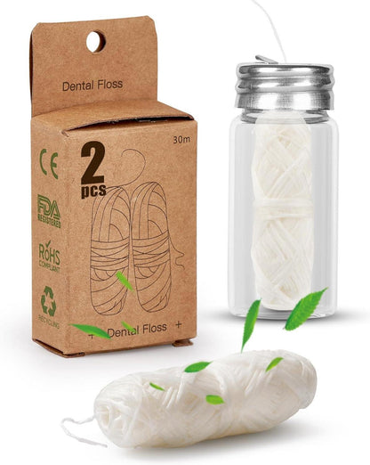 Nachhaltige Natur Zahnseide 2x30m im Glas-Zahnseidespender Minze Vegan