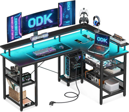 LED Gaming Tisch mit Steckdosen & USB-Anschlüssen, Eckschreibtisch