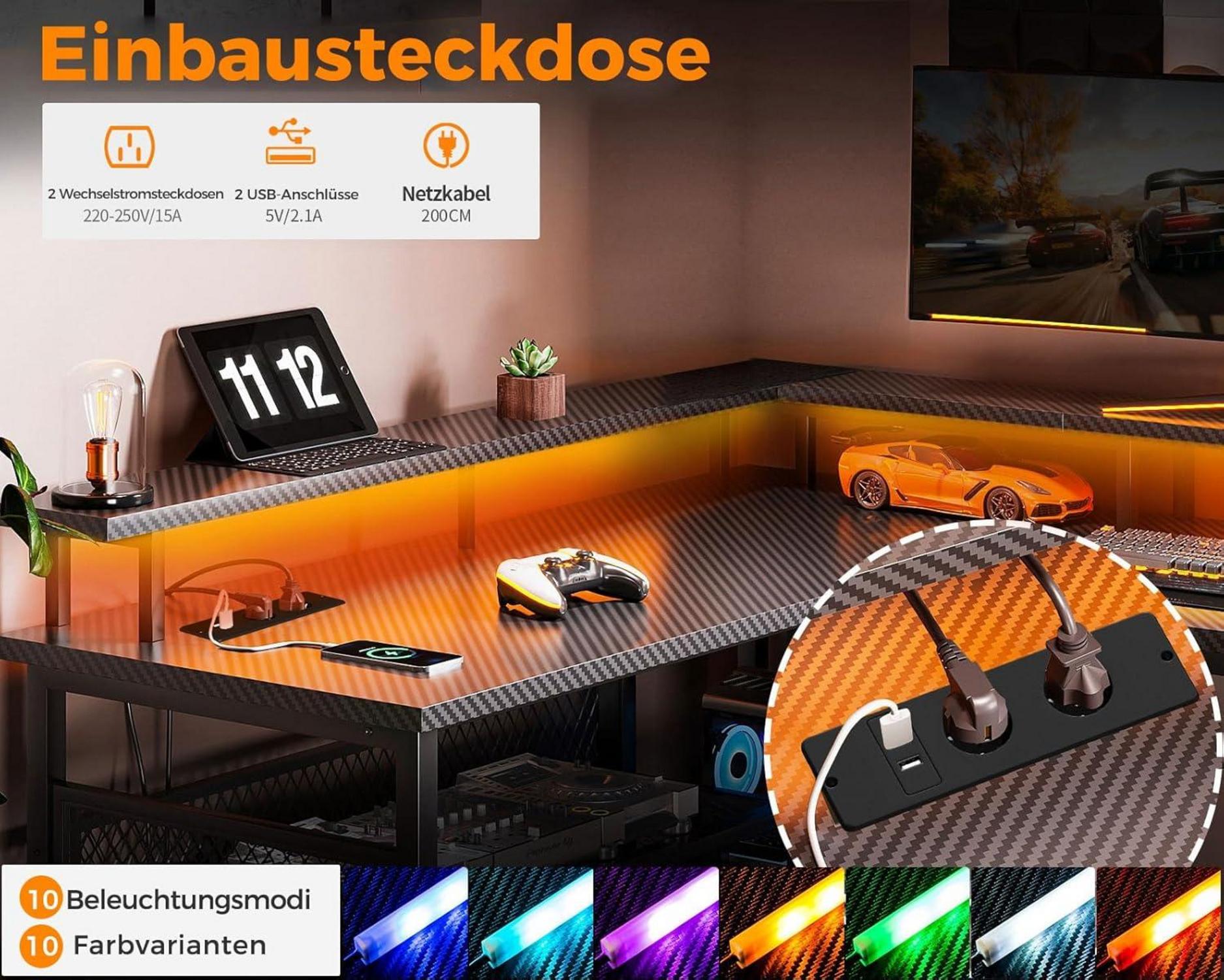 Gaming Schreibtisch LED Schwarz Eckschreibtisch 150×102cm
