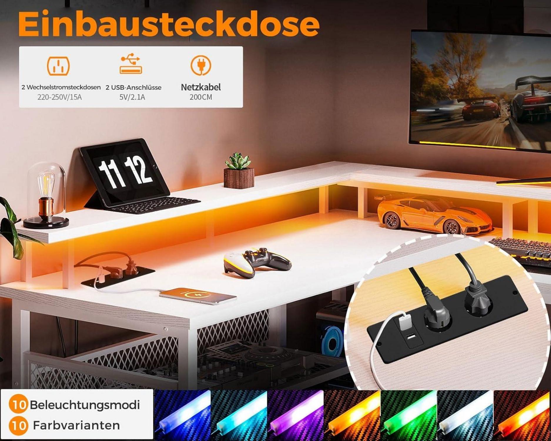 Gaming Schreibtisch LED 2 Steckdosen USB-Ladeanschlüsse Eckschreibtisch Weiß 150×102cm