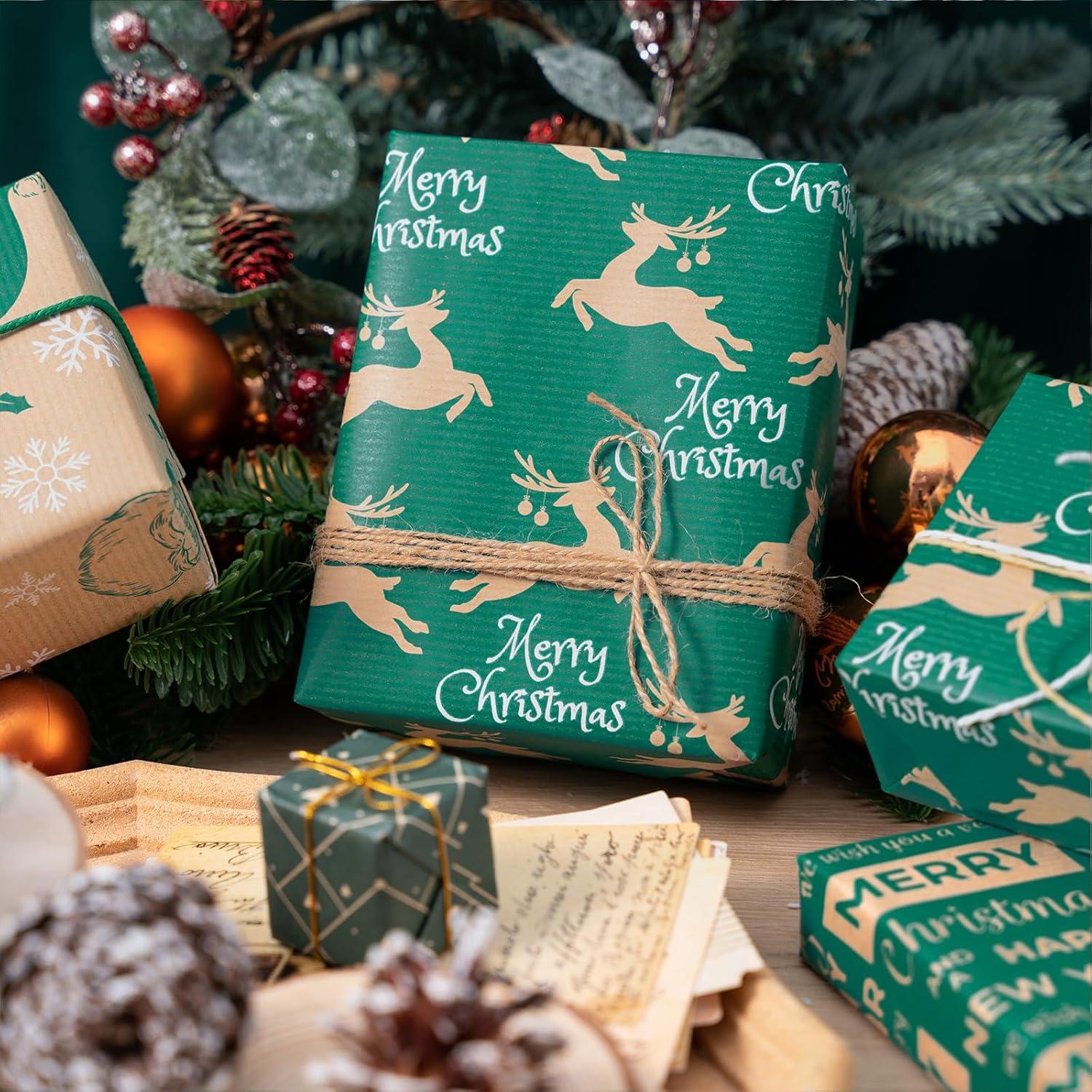 3 Rollen Weihnachts-Geschenkpapier: Weihnachtsmann Rentier Frohe Weihnachten