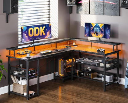 ODK Gaming Tisch LED Eckschreibtisch Steckdosen USB Groß Schwarz