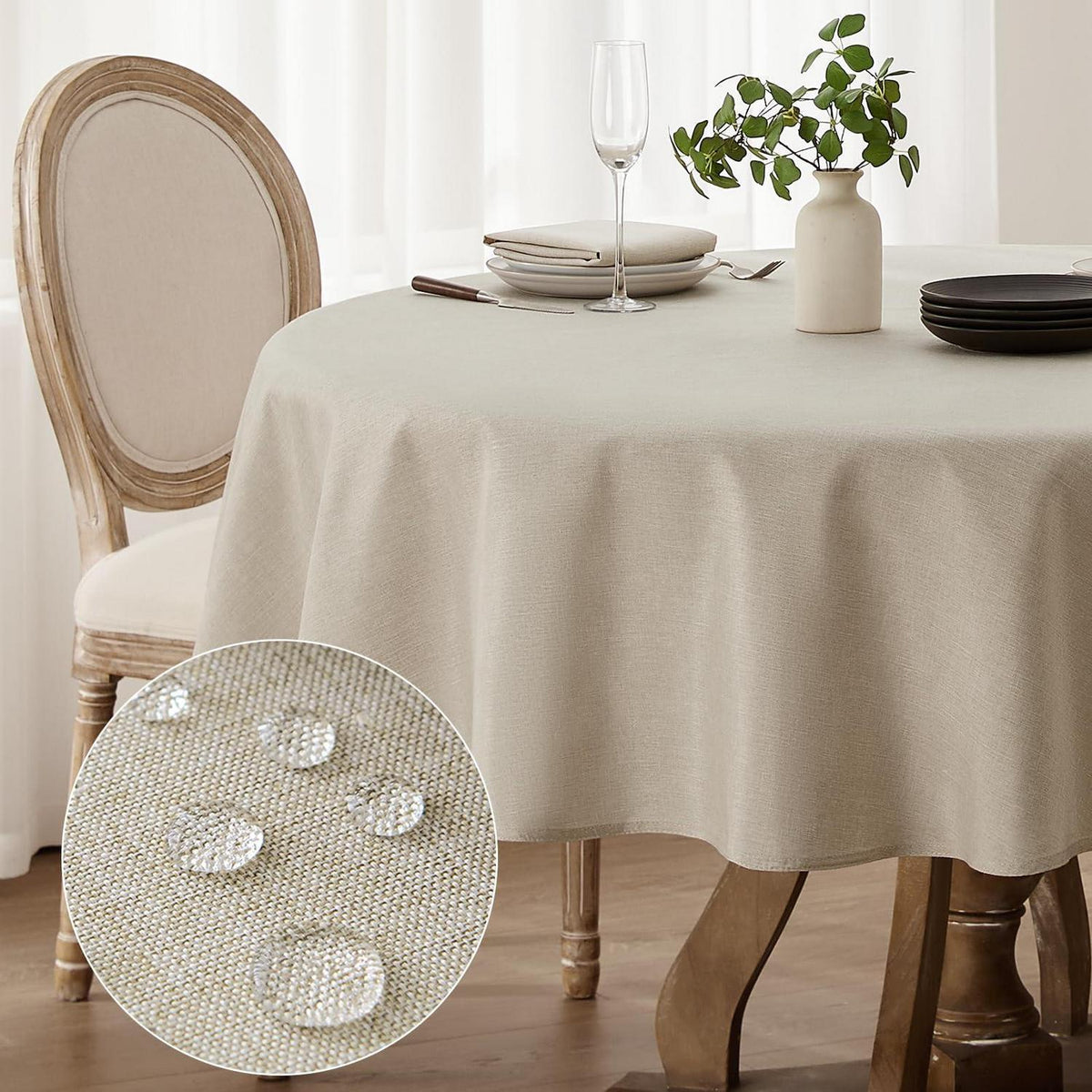 Runde Tischdecke Leinenoptik Beige 100cm – Abwaschbar & Wasserabweisend