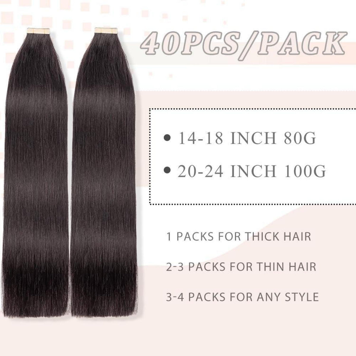 Echthaar Tape Extensions 60cm (24 Zoll) Schwarz