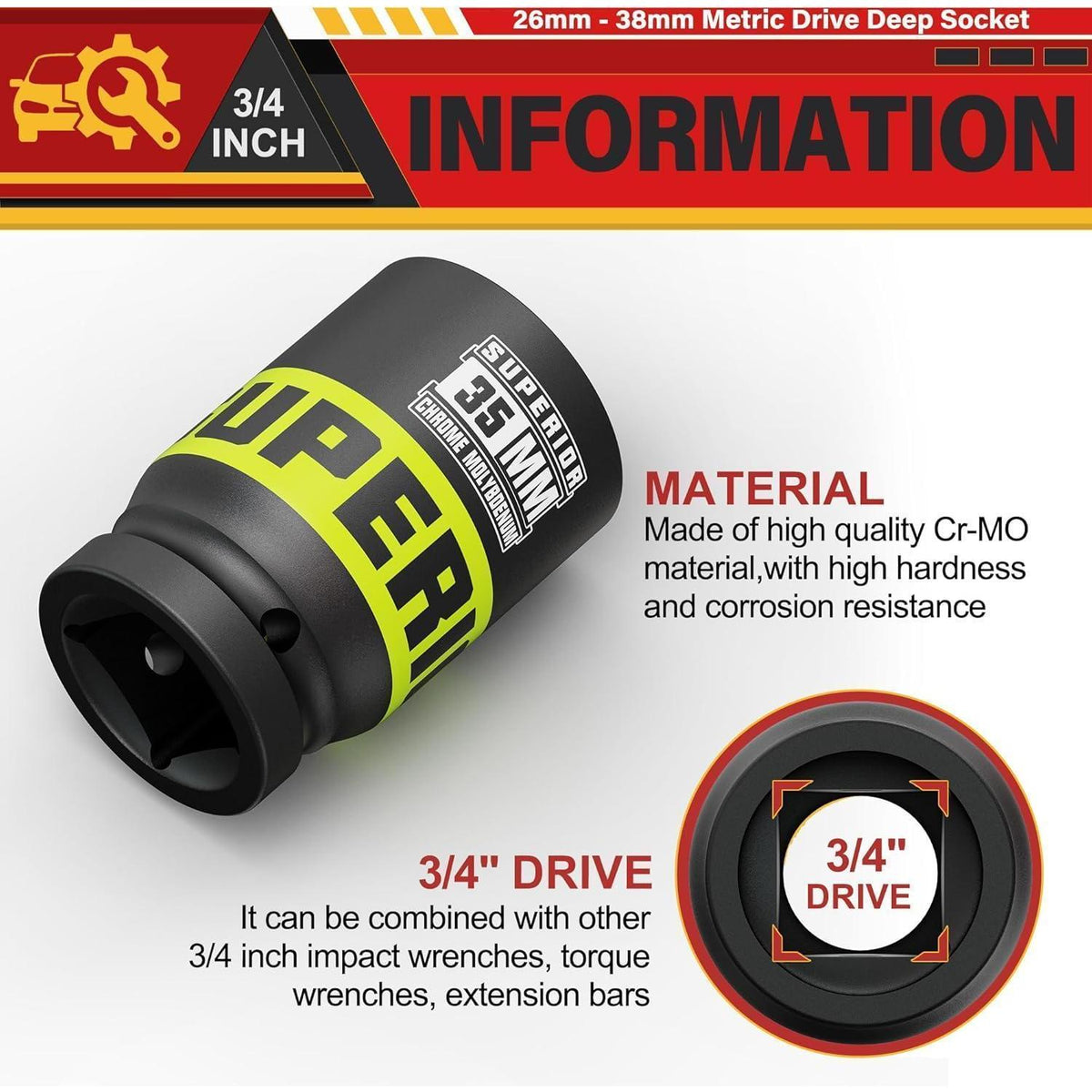 Schlagschrauber Nüsse Satz 3/4 Zoll, 8-teilig, 26-38 mm