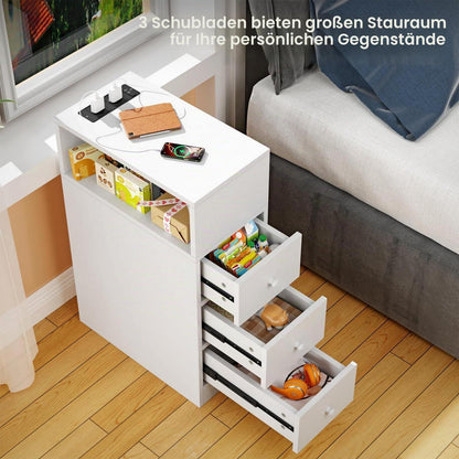 Schmaler Nachttisch mit Steckdose und 3 Schubladen Weiß