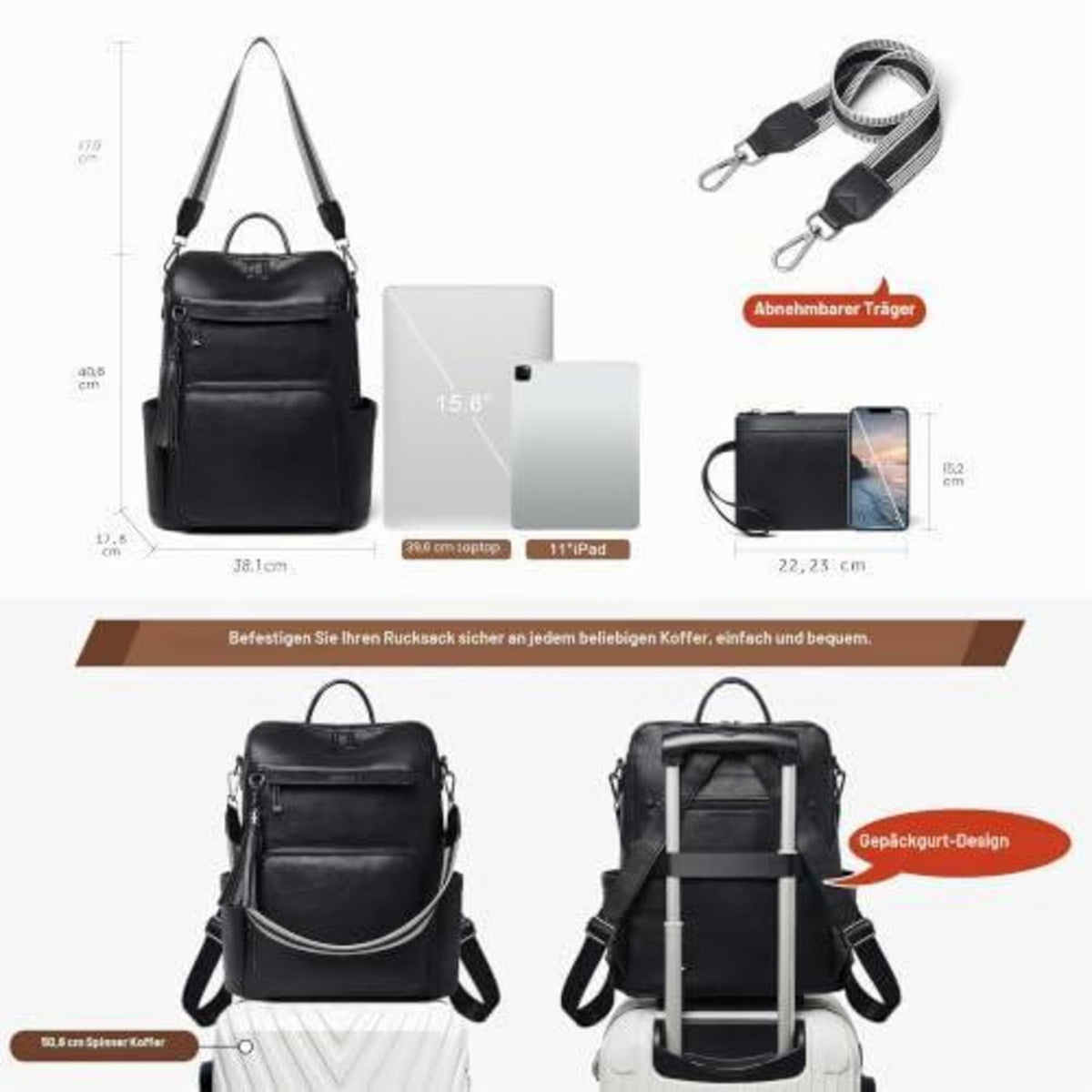 Rucksack Damen Laptopfach 15,6 Zoll Wasserdicht Business in Lederoptik