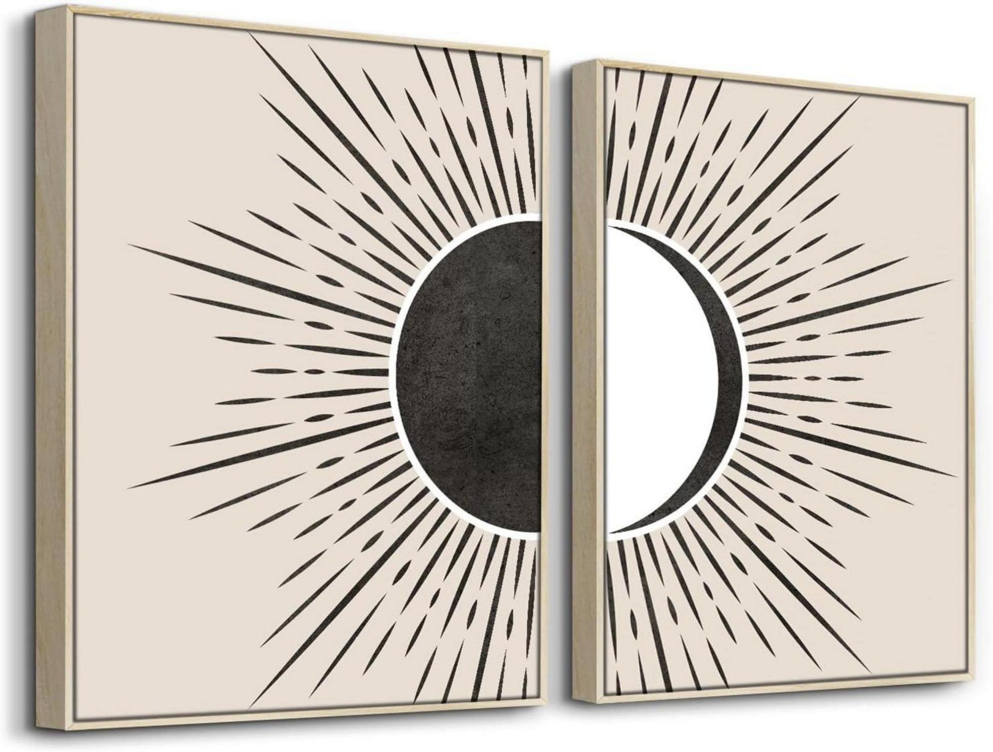 Moderne Sonne und Mond Boho Leinwandbilder Set mit Rahmen, abstrakte