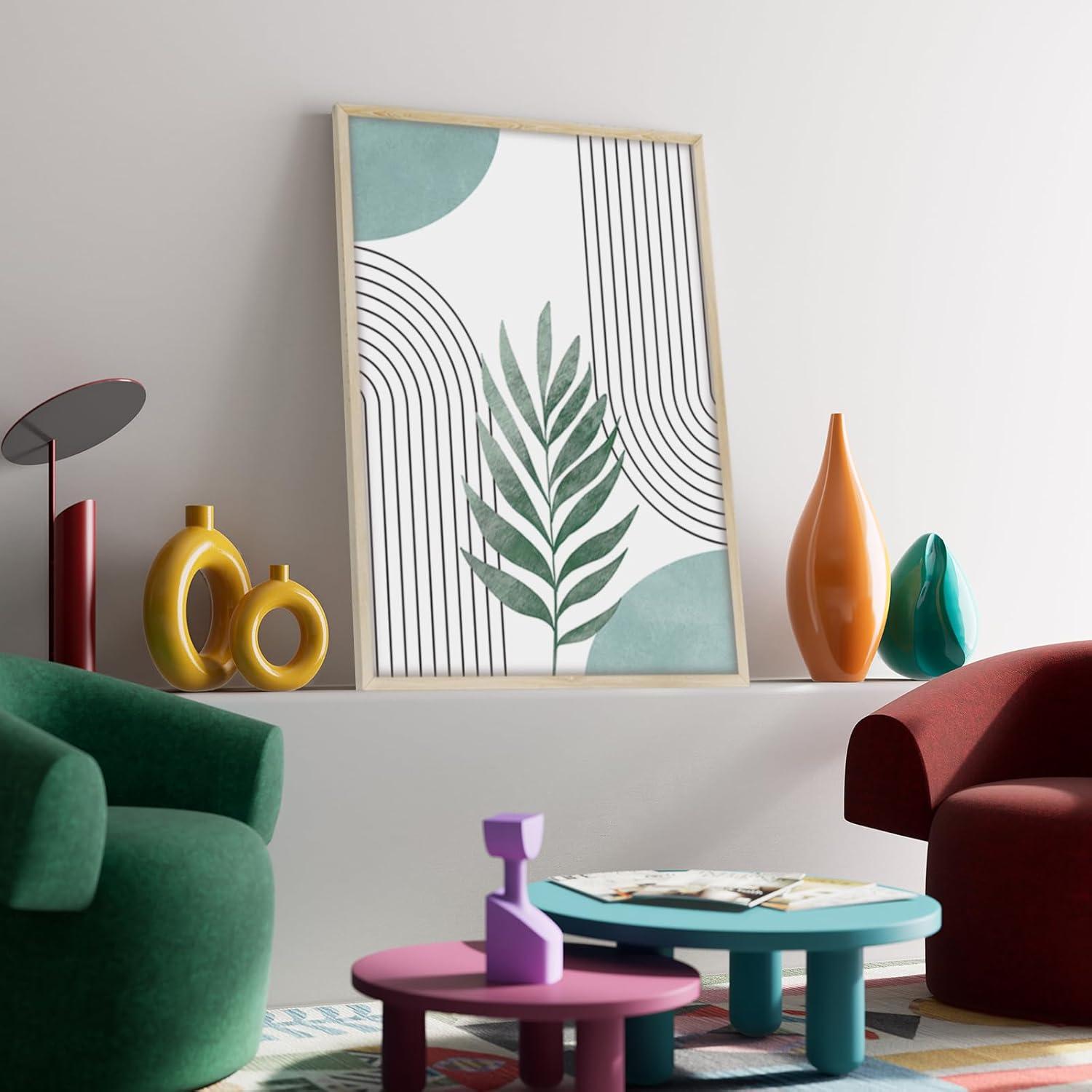 Salbeigrüne Blumen Linien Wandbilder Holzrahmen Nordisch Modern