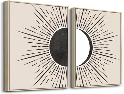Sonne und Mond Boho Wandbilder mit Holzrahmen, Abstract
