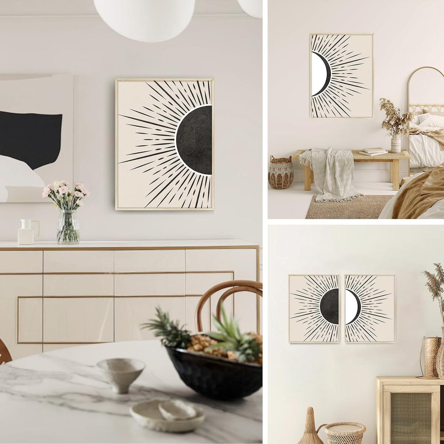 Sonne Mond Boho Bilder mit Holzrahmen Schwarz Beige