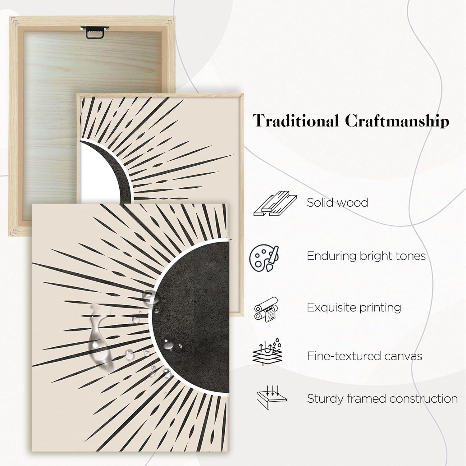 Modernes Sonne Mond Boho Wandbild mit Holzrahmen Schwarz Beige